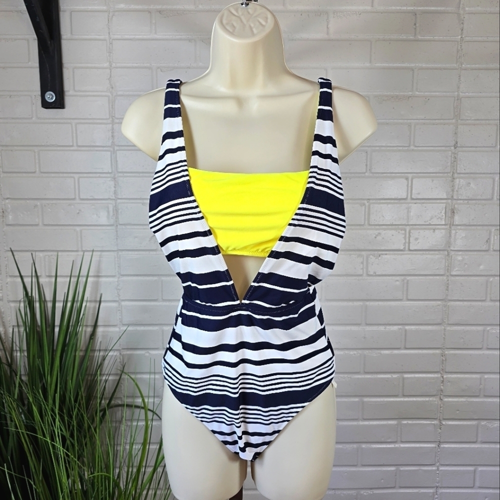 NWT Aerie Striped Layered One-Piece Full Coverage Swimsuit Size Medium Navy Blue